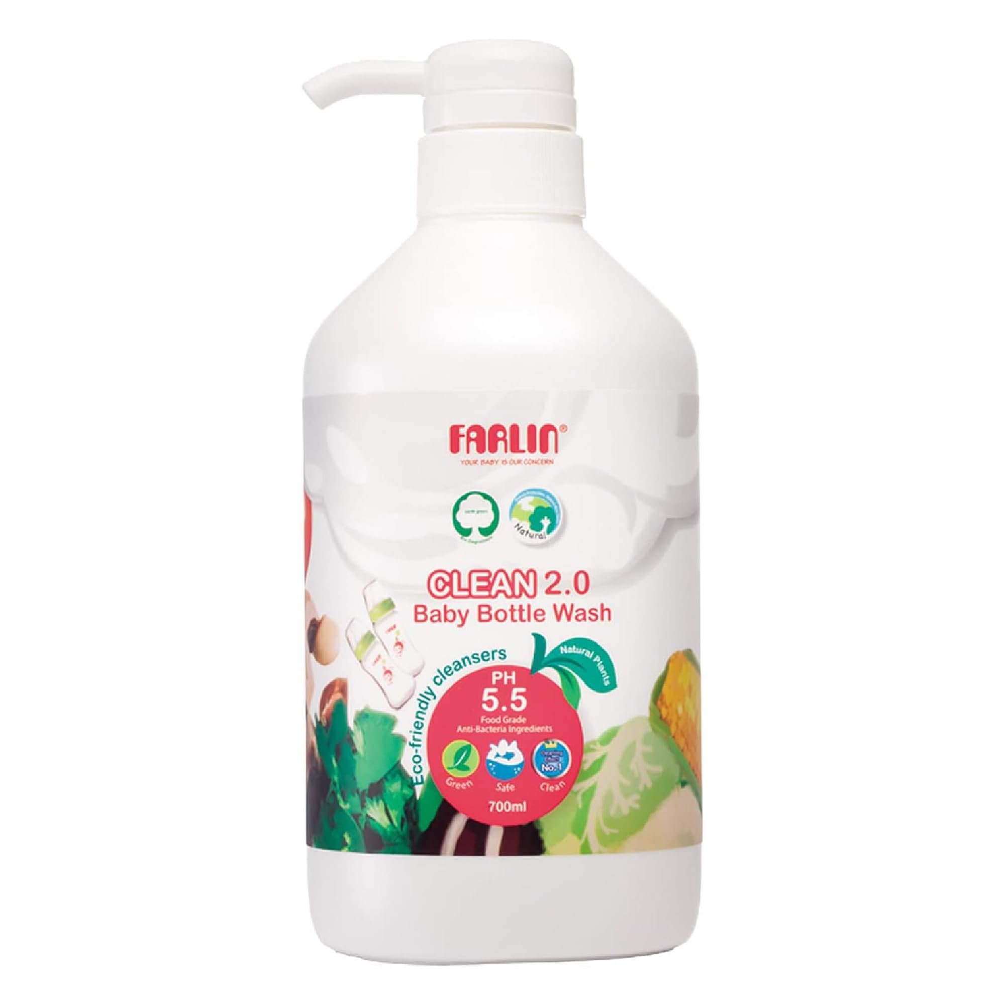 Farlin Clean 2.0 Baby Bottle Wash - Eco-Friendly Cleanser with Natural Plant Ingredients, pH 5.5, Food Grade & Anti-Bacterial, 700ml