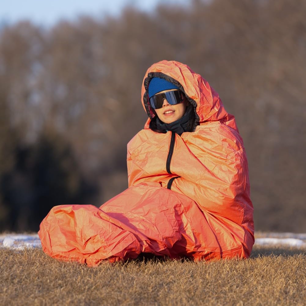 Saco de dormir térmico de camping al aire libre para supervivencia, 90% retención de calor, impermeable, resistente al viento, nailon 400T, manta para senderismo y actividades de aventura