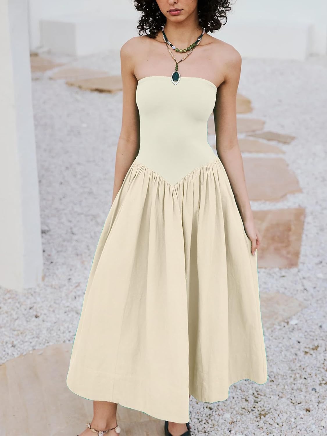 Womens 2025 Summer Strapless Maxi Dress Casual Patchwork Tube Top Dress Solid Long Flowy Dress for Vacation Apricot - Image 6