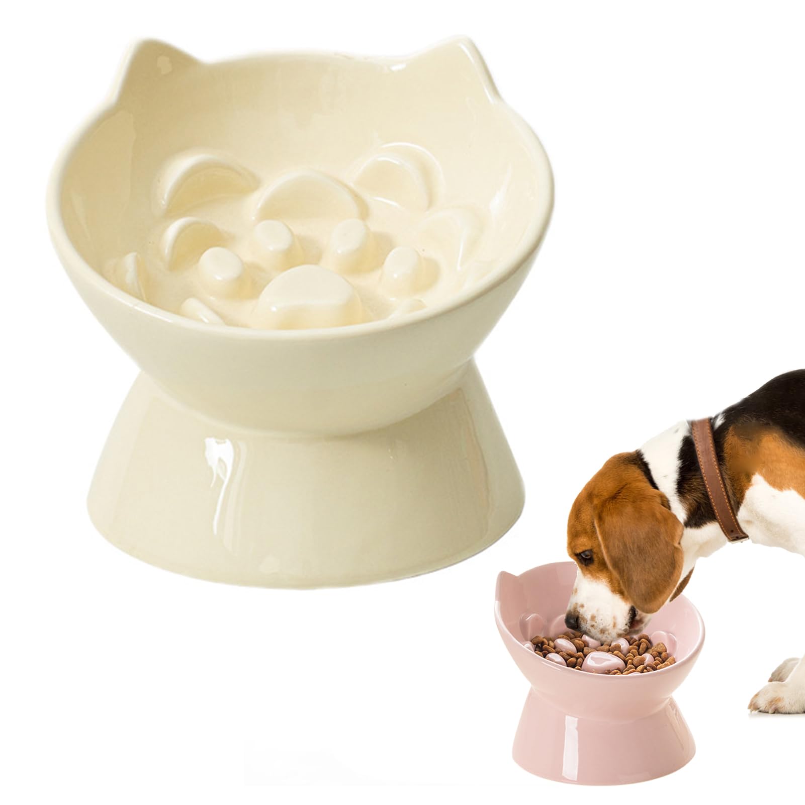 Pasdrucn Ceramic Slow Feeder Cat Bowls Ceramic with Wooden Stand, Anti Gulp Overeating Choking, Dog Slow Feeder Bowl, Whisker Friendly Cat Feeding Bowls, Elevated Cat Slow Feeder Bowl (Yellow)