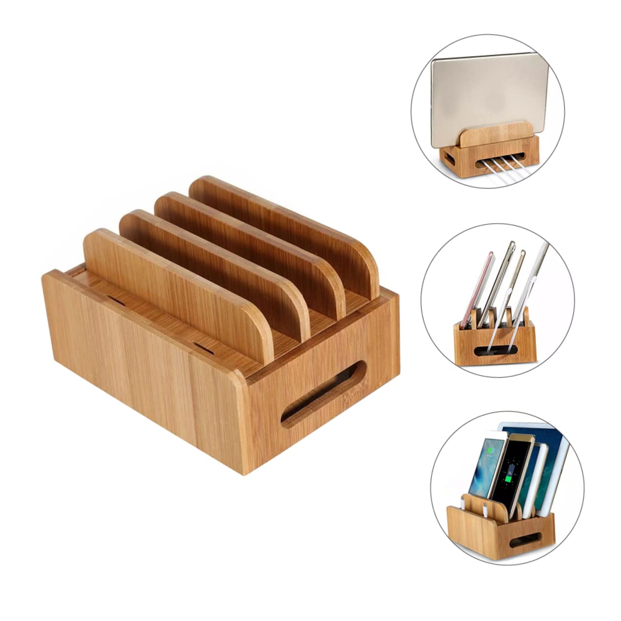 NUOBESTY Supporto in Legno per Smartphone con Stazione di Ricarica USB Multipla, Organizer da Scrivania Beige con Funzione di Ricarica Simultanea e Spazio per Tablet, per Uso Domestico