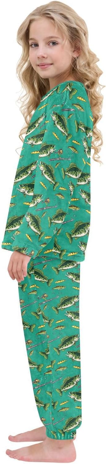 Bass Fish Fleece Pajama Sets Soft Cozy Pullover Sweatshirt Pants Set 2 Piece Sleepwear, 6-16Y