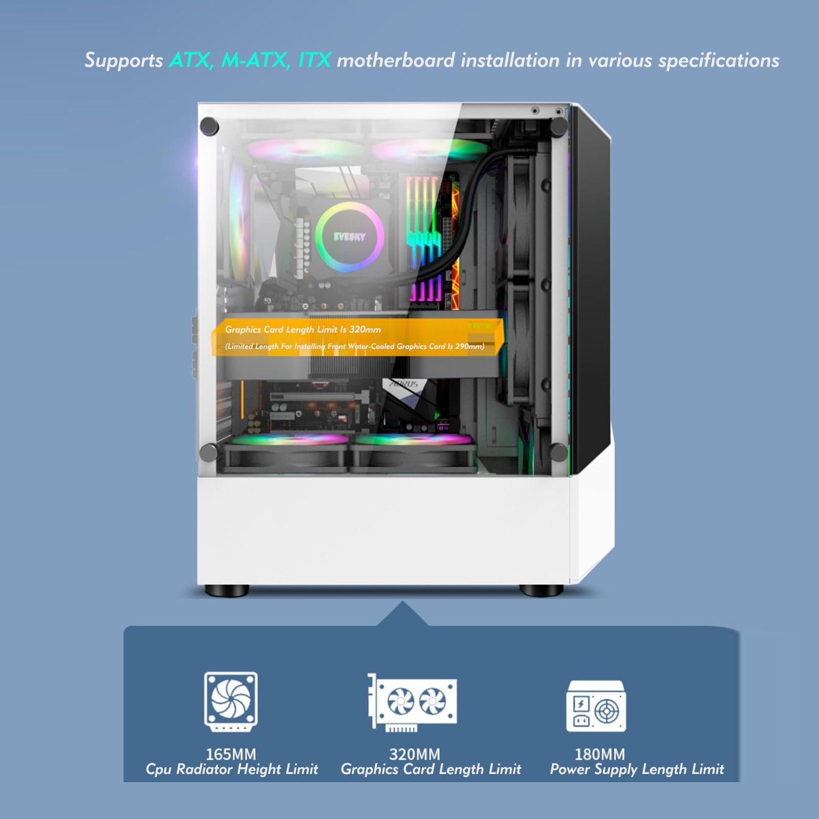 Custodia da gioco for PC, custodia mid-tower ATX/M-ATX/ITX, preinstallata con 6 ventole, USB 3.0, pannello laterale in vetro temperato, supporta il raffreddamento ad acqua, facile gestione dei cavi (