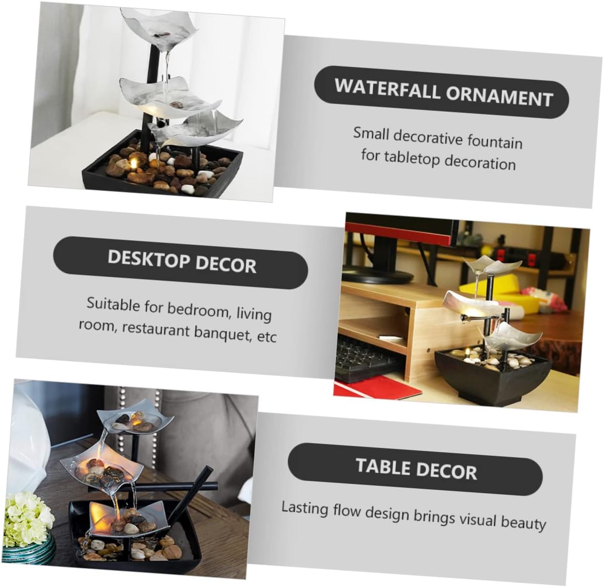 Alipis Waterfall Fountain Decor for Desk Indoor Tabletop Water Feature LED Lights Metal Running Water Ornament for Home and Office Relaxation