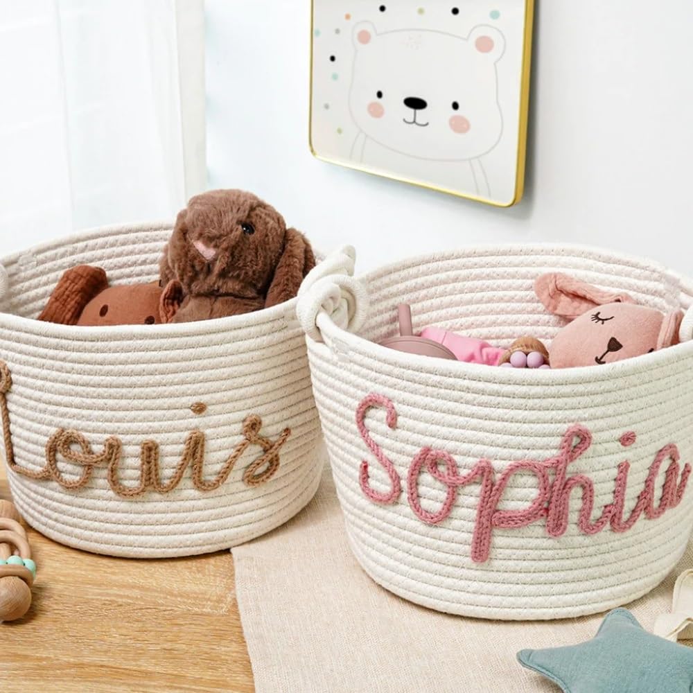 Cesta de juguetes personalizada, cesta con nombre de bebé personalizada, caja de pañales de algodón hecha a mano, baby shower, organizador de contenedores for cachorros, regalo