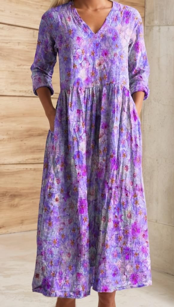 Akivide Women's Long Sleeve Boho Floral Prirted V Neck Tunic Dress Casual Loose Fall Tunic Maxi Dresses 2025 with Pockets - Image 2