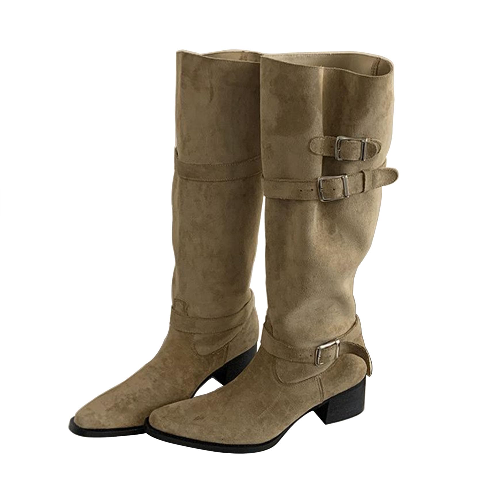 SHEMEE Womens Slouchy Knee High Boots Wide Calf Chunky Heels Fashion Buckle Biker Riding Boots Mid-Calf Knight Western