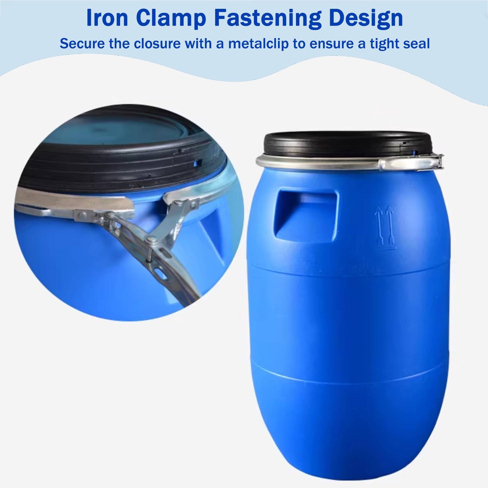 Tonneau plastique bleu avec couvercle, baril ouvert sur le dessus for l'expédition et le stockage industriel, reservoir eau conception hermétique, recuperateur d eau de pluie(60L)