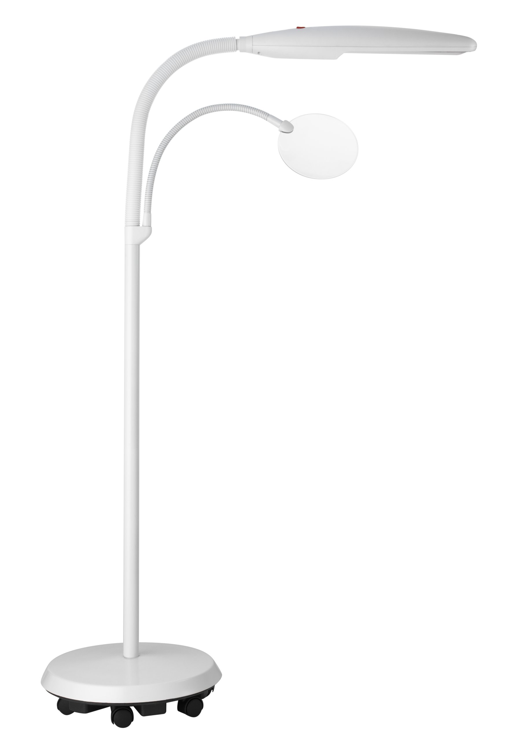 Woman reading in a chair with the Daylight Swan Floor Lamp positioned for optimal lighting and magnification.