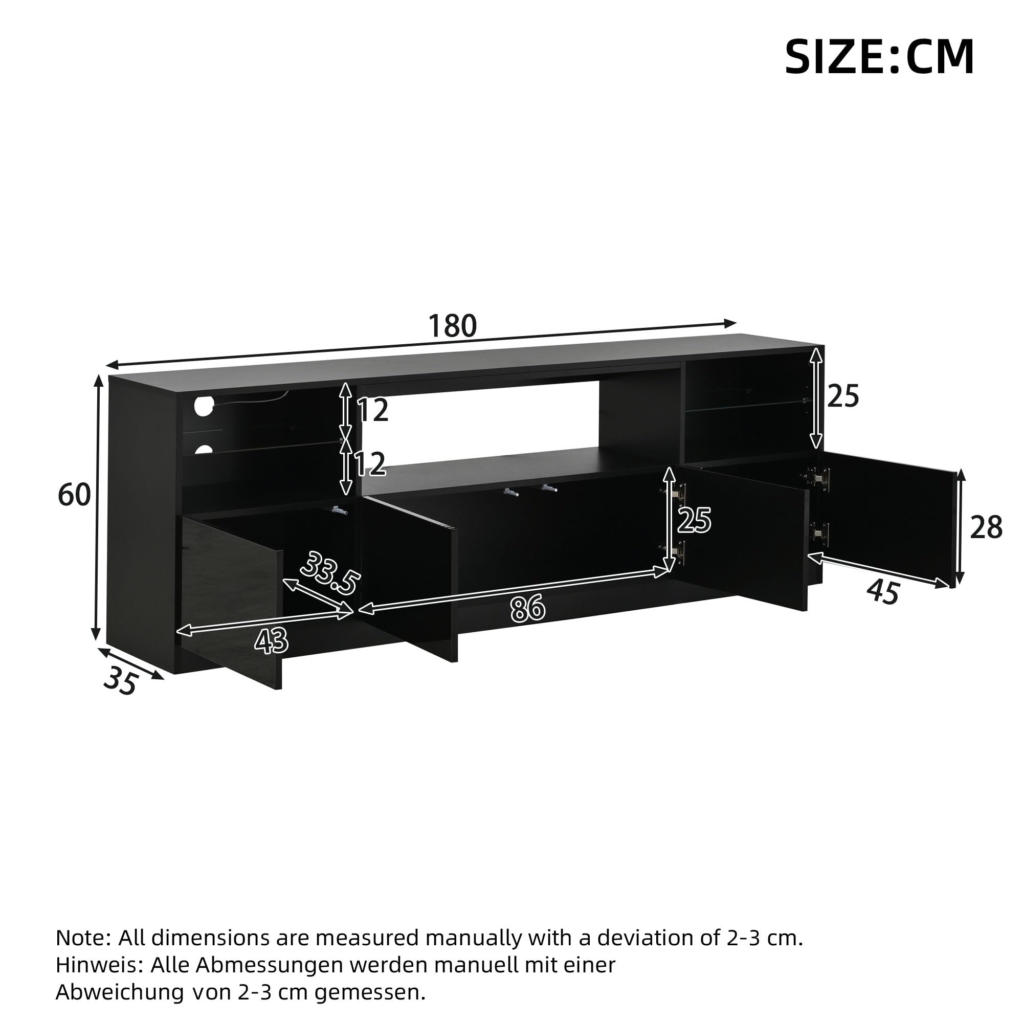 Armoire de Télévision,Meuble TV avec Ambiance Lumineuse,Support Télé,4 Portes,5 Etagères Ouvertes,2 Verre Réglable,Longueur 180cm,Meuble Télé de Salon,pour Télévision jusqu'à 75 Pouces