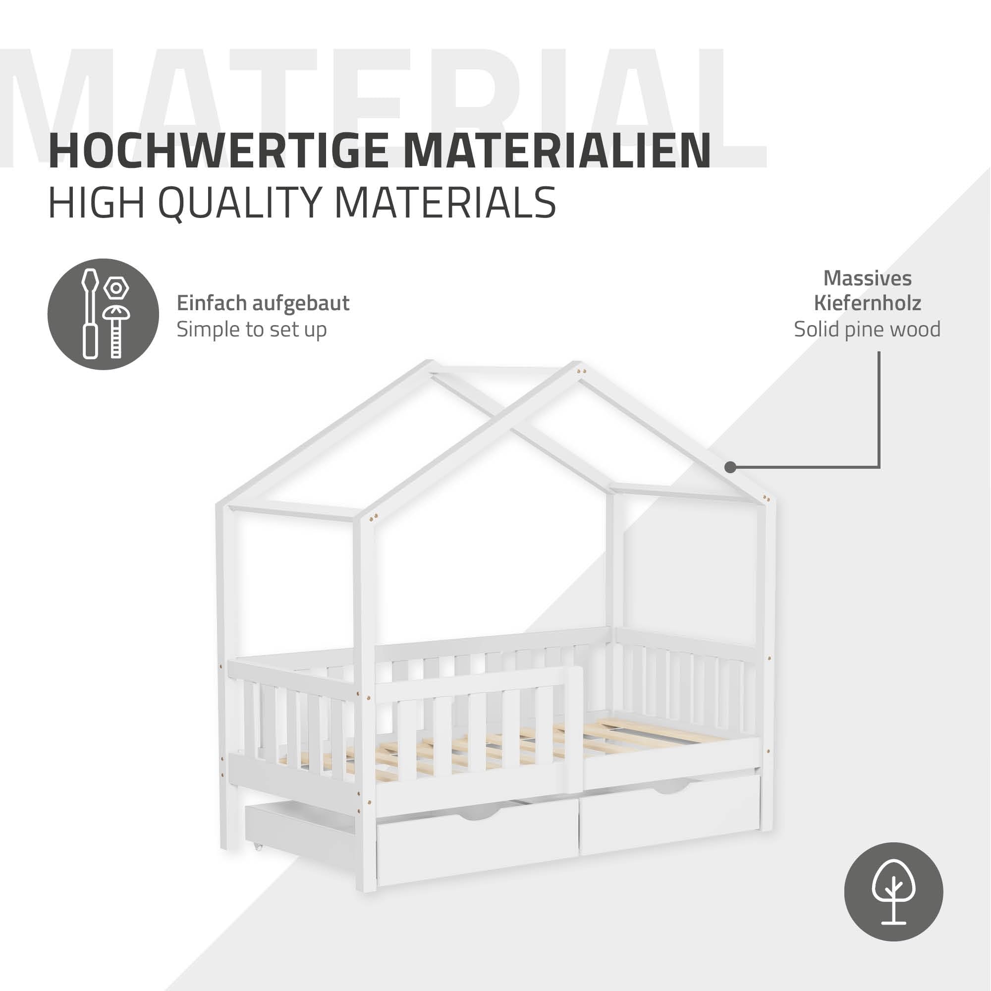 ML-Design Kinderbett Hausbett 70x140 cm Weiß mit Matratze, Holzbett mit 2 Schubladen, Rausfallschutz und Lattenrost, Spielbett aus Kiefernholz, Montessori Bettgestell für Kinder, Bodenbett Bettenhaus