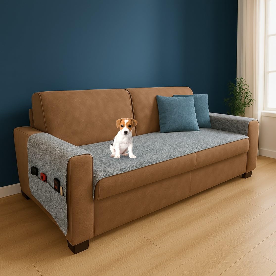 Farè – Runner Copriseduta Divano Impermeabile con Copribraccioli e Tasche Organizer - Copridivano Universale Antimacchia - Ideale per cani, gatti e bambini - Armor Grigio