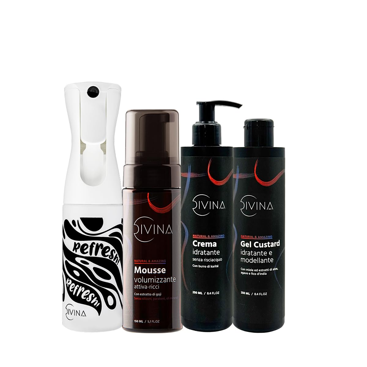 Kit Definizione e Refresh per capelli mossi, ricci, super ricci e afro Natural&Amazing di DIVINA BLK, 4 prodotti inclusi, trattamento completo