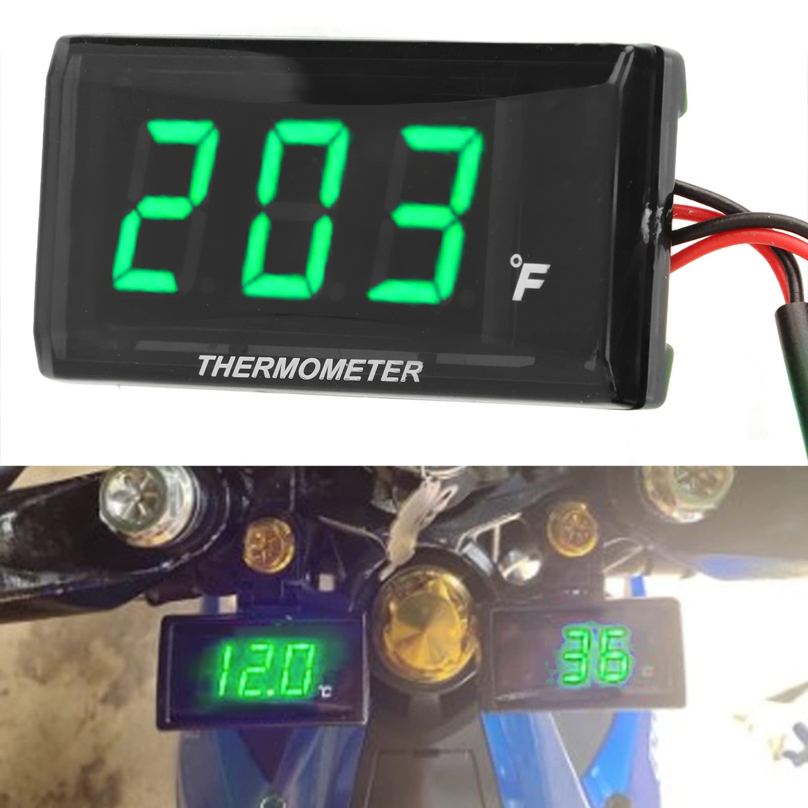 Termómetro digital para motocicleta, DC 12 V, medidor de temperatura del agua ultrafino con adaptador de sensor de 18 mm y pantalla LCD, higrómetro digital, medidor de temperatura de humedad (verde)
