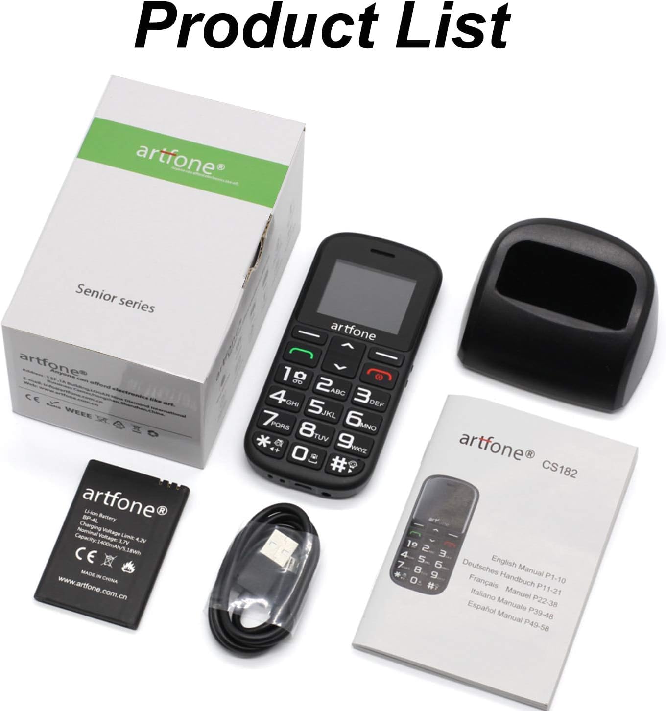 artfone Teléfonos Móviles para Mayores Mayores con SOS botón, CS182 Senior, Fácil de Usar Celular para Ancianos con Negro