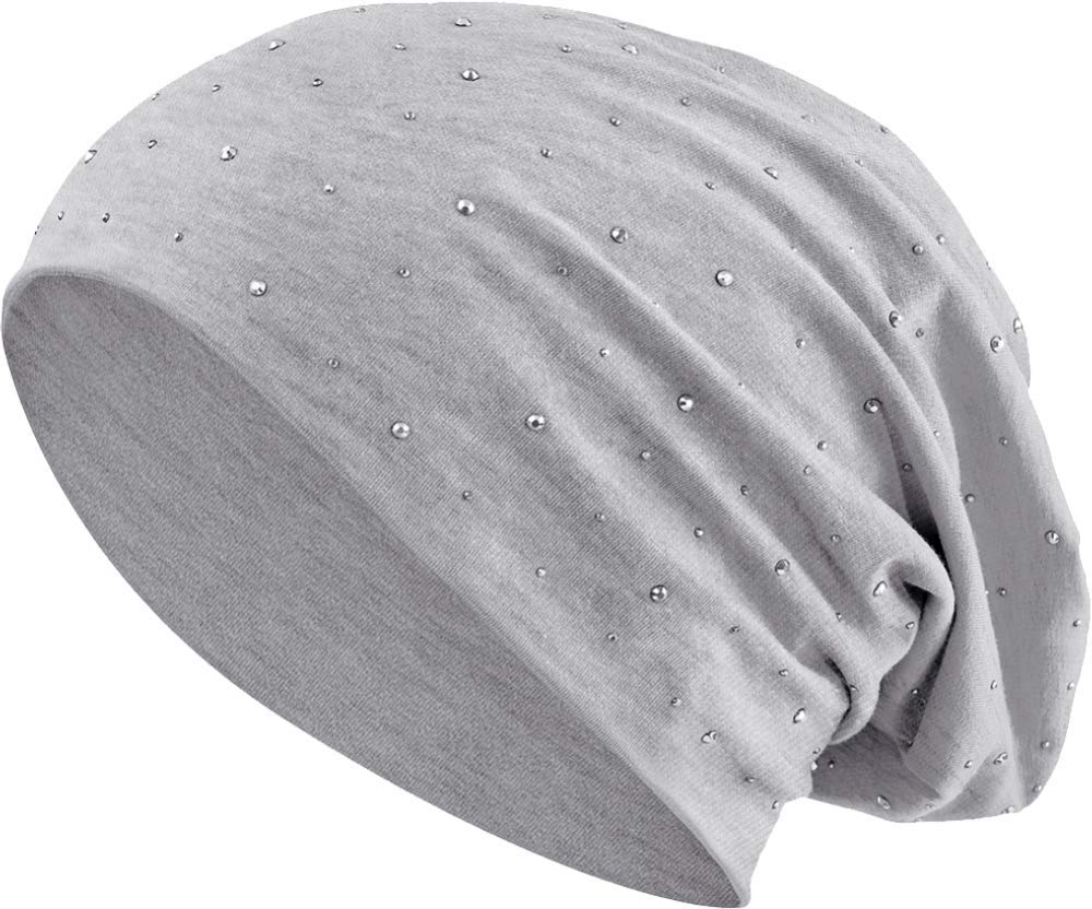 Balinco Jersey Cotton Elastic Long Slouch Beanie Unisex Men Ladies with Rhinestone Star Stones Beanie Heather in 35 (7) (Heather Light Grey)