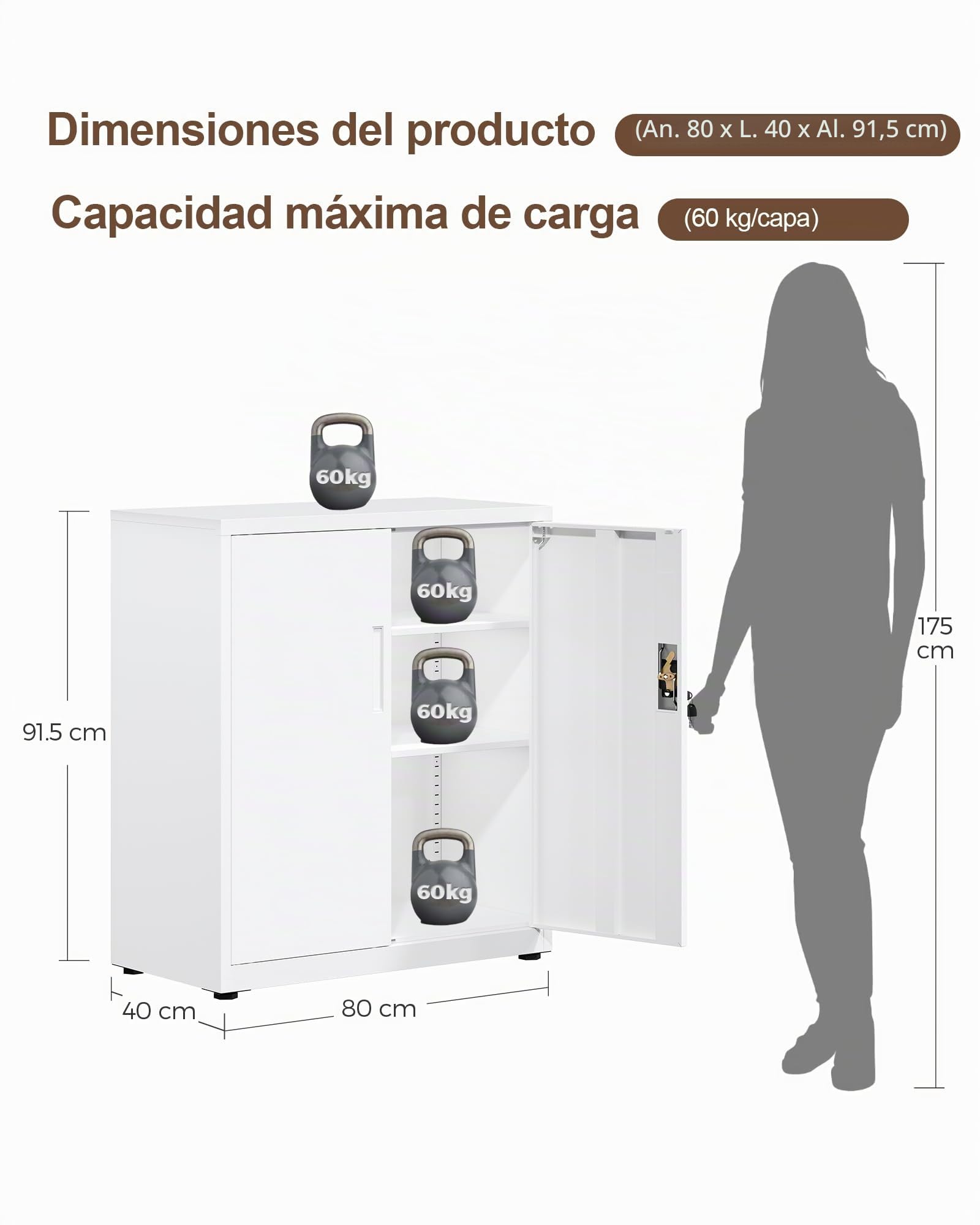 LAND·VOI Armario de Acero 3 Estantes con Cerradura Estantes Ajustables Puertas Dobles Armario de Oficina Mueble de Metal para Oficina Garaje Cocina Taller 80×40×91.5 cm Blanco