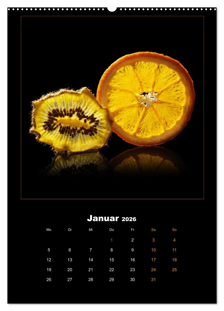 Vegan Food Kalender – Obst und Gemüse auf Schwarz (Wandkalender 2026 DIN A2 hoch), CALVENDO Monatskalender: Dekorativer Kalender für die Küche auf Schwarz. (CALVENDO Lifestyle)
