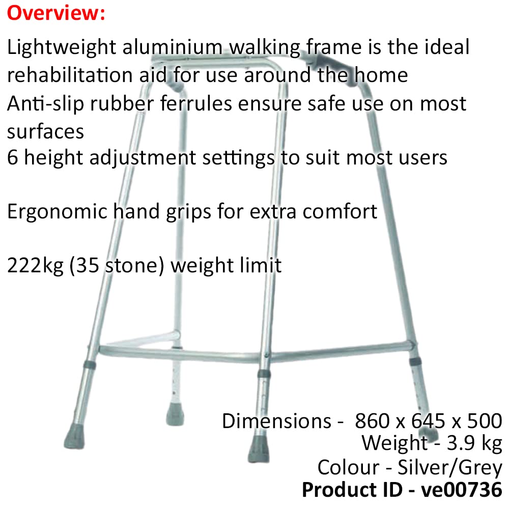 Lekka aluminiowa rama bariatryczna do chodzenia - regulowana wysokość od 860 mm do 960 mm, 222 kg (35 kamieni), limit wagowy, antypoślizgowe gumowe tulejki - ergonomiczne uchwyty