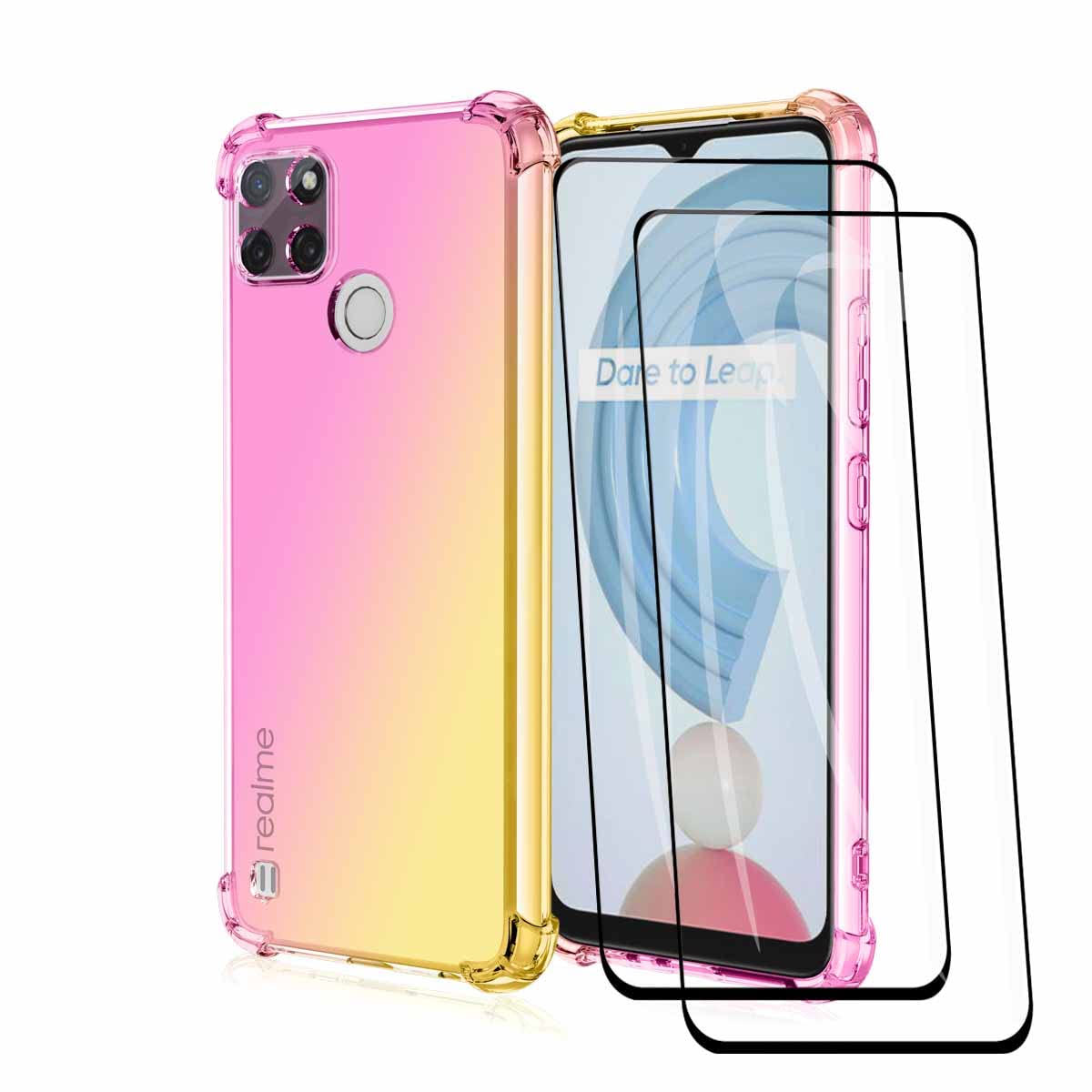 GOGMECase for Realme C21Y (C21-Y) / Realme C25Y + 2 Tempered Glass Gradient TPU Transparent Shockproof Soft Silicone Bumper Case Cover (Pink Gold)