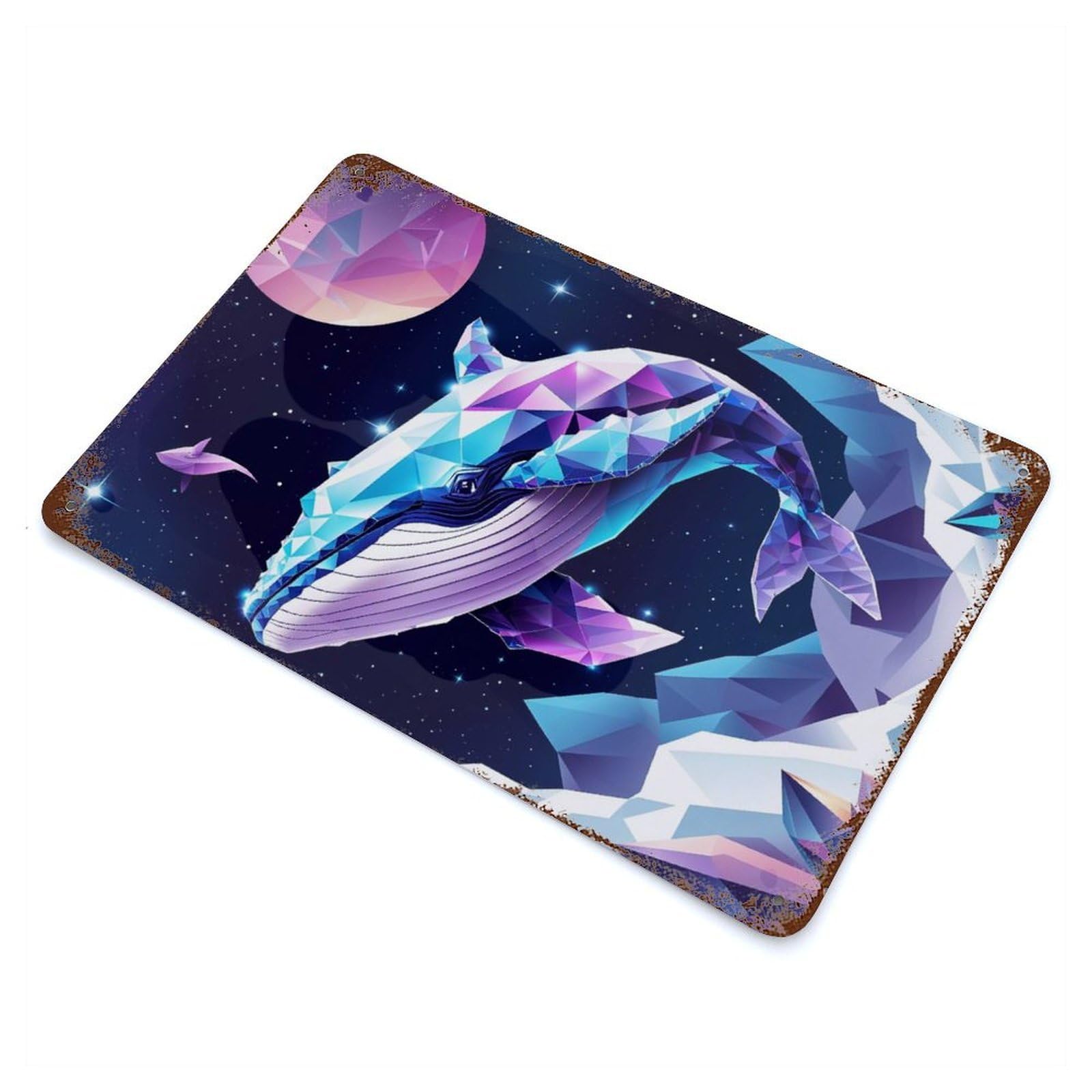 Garage Style Cosmic Polygon Whale Aged Metal Wall Plaque 11.8"x7.9", Decorative Metal Wall Art for Bar And Workshop