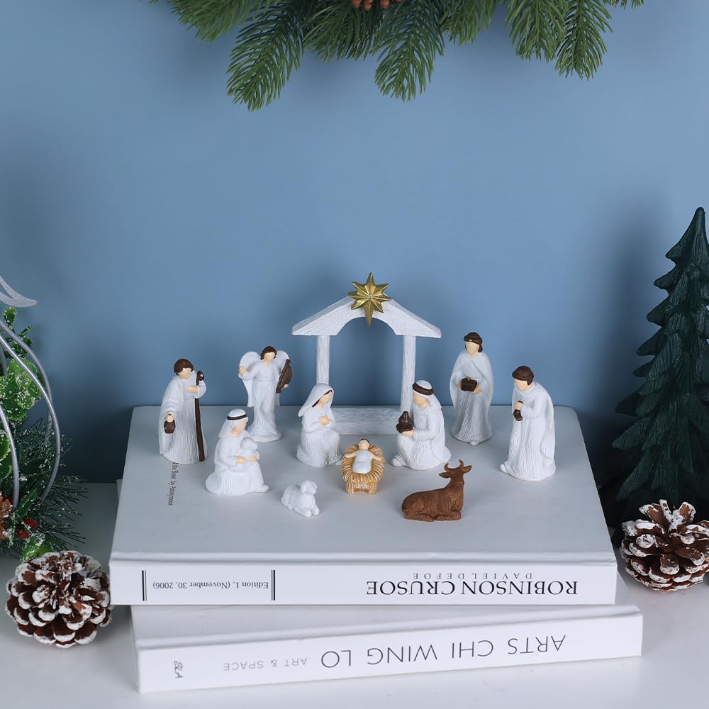 MEETYAMOR Weihnachtskrippe Sets für Weihnachten Innen, 11 Stück Harz Krippe Figuren Set für Weihnachten Dekor, Weihnachtsdekorationen Innen für Home Tisch Kaminsims Küchenregal