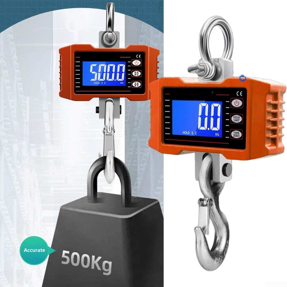 Báscula industrial de grúa de 1000 kg, báscula electrónica de elevación de visión directa, control remoto inalámbrico, color naranja, pesaje alimentado por pilas