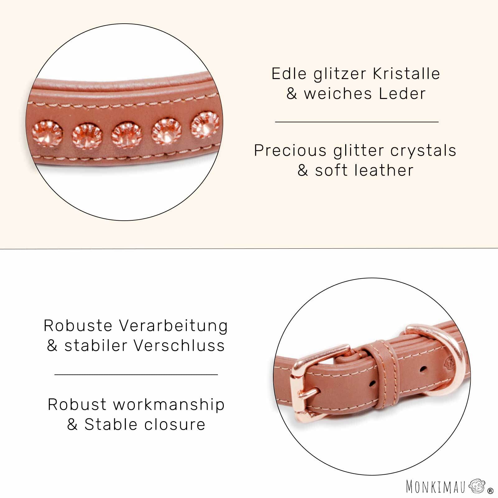 Monkimau Halsband Hund echt Leder Hunde Halsbänder braun gepolstert mit Kristallen Lederhalsband verstellbar Dog Collar Hundehalsband (XS-S: 20mm x 40cm)