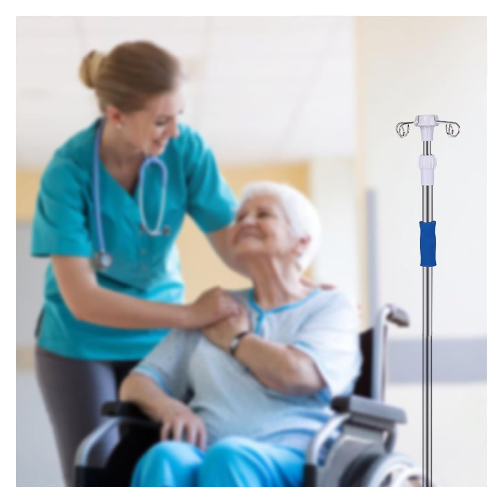 Asta per flebo, Asta per flebo con Ruote, 4 Ganci, 5 Ruote, Supporto per Sacca per fluidi IV, Altezza Regolabile, Asta per flebo per Ospedale Domestico (Bianco B)