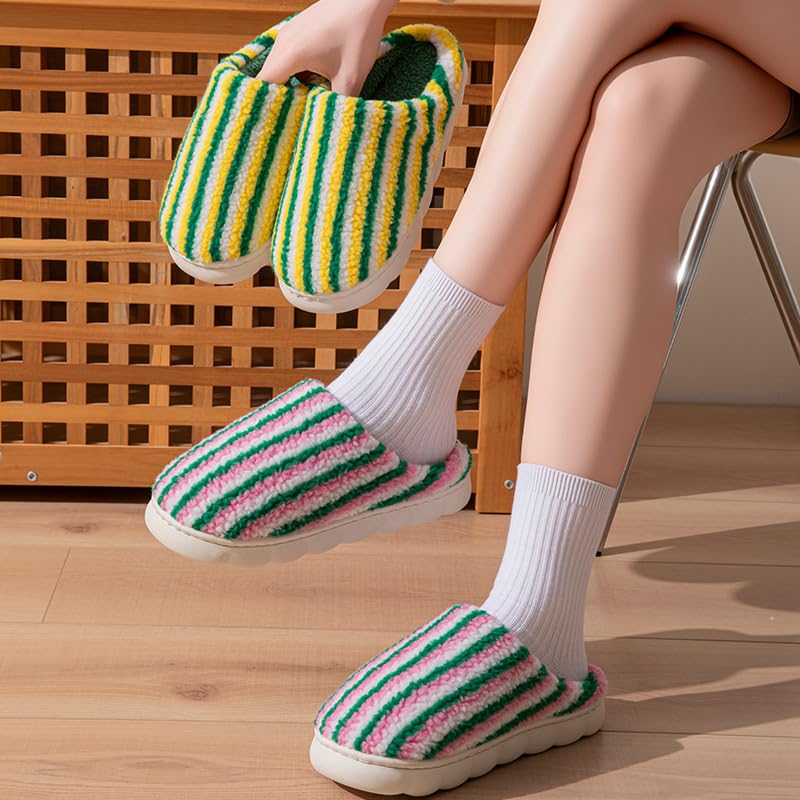 Women House Slippers with Colorful Stripe Cozy Non-Slip Warm Fuzzy Plush Home Shoes4