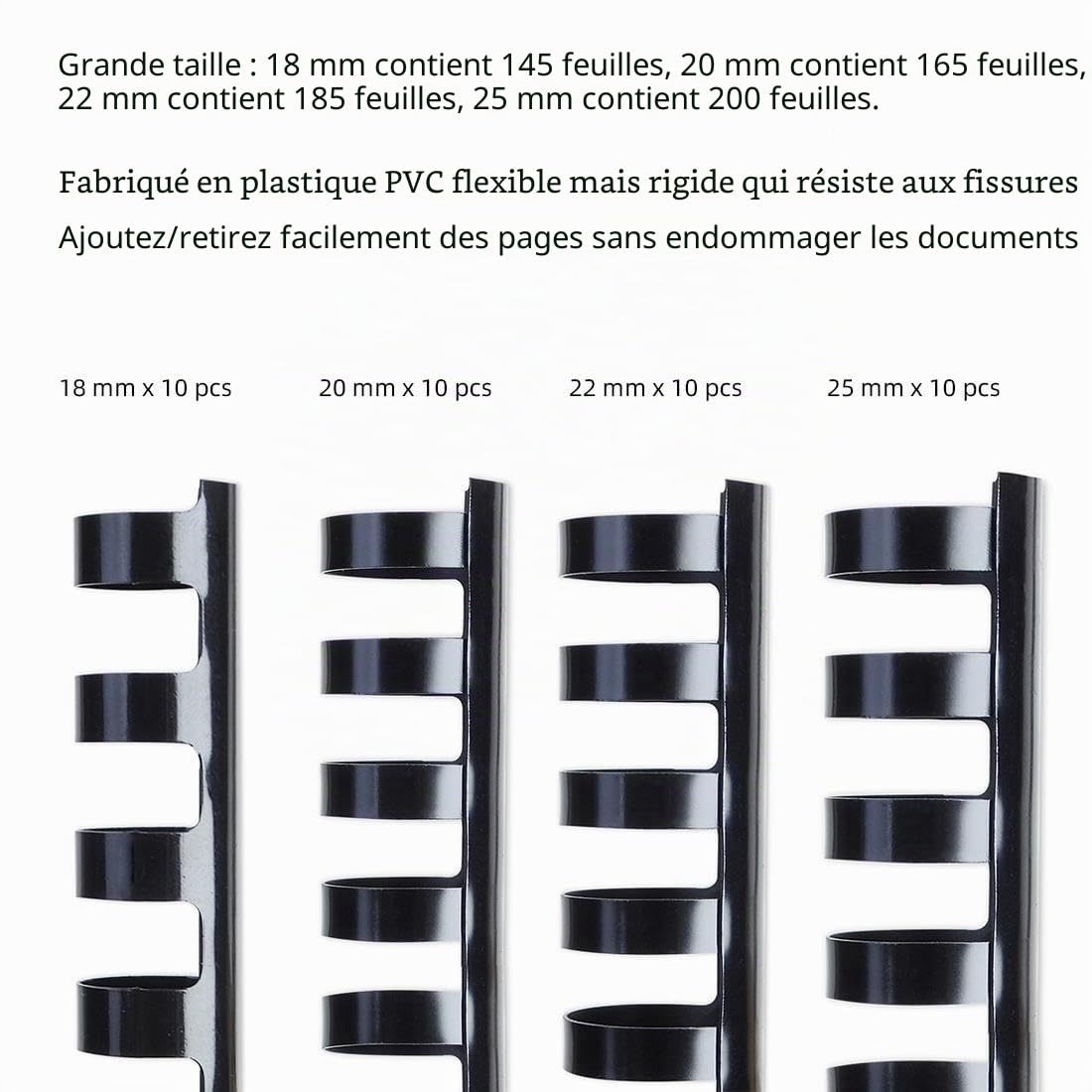 Peignes de Reliure, Tailles Assorties, 145 à 200 Feuilles, 18 mm 20 mm 22 mm 25 mm, 21 Anneaux, Noir, Lot de 40