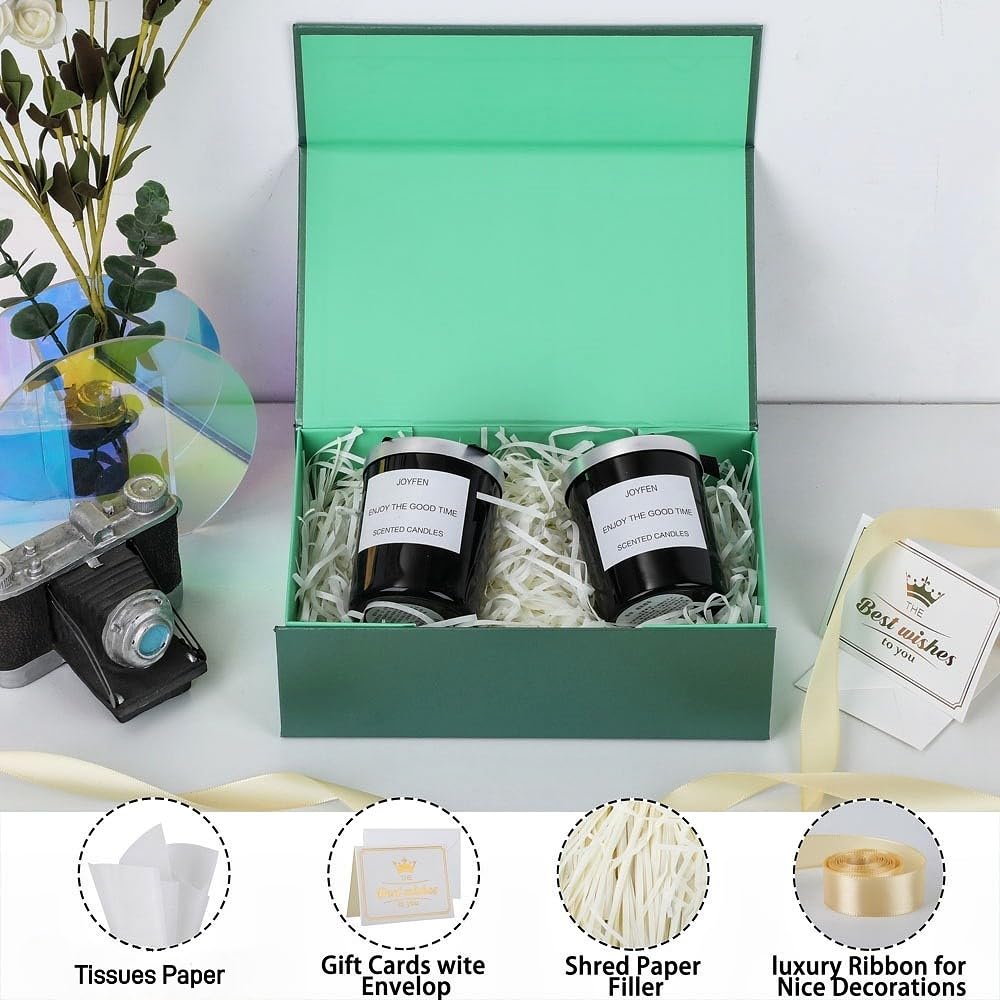 UoeRing 1 Pcs Green Gift Box 9.5x6x3 inch Small Luxury Gift Box for Presents with Magnetic Lid Collapsible,Birthday,Christmas,Contains Card, Ribbon, Tissue Paper,Shredded Paper Fille