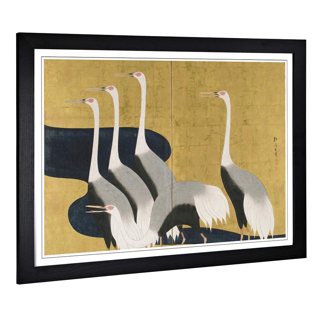 Big Box Art Framed Print of Sakai Hoitsu Cranes Oriental Japanese Design | Wall Art Picture | Home Decor for Kitchen, Living Room, Bedroom, Hallway, Black, A2 / 24.5x18 Inch / 62x45cm