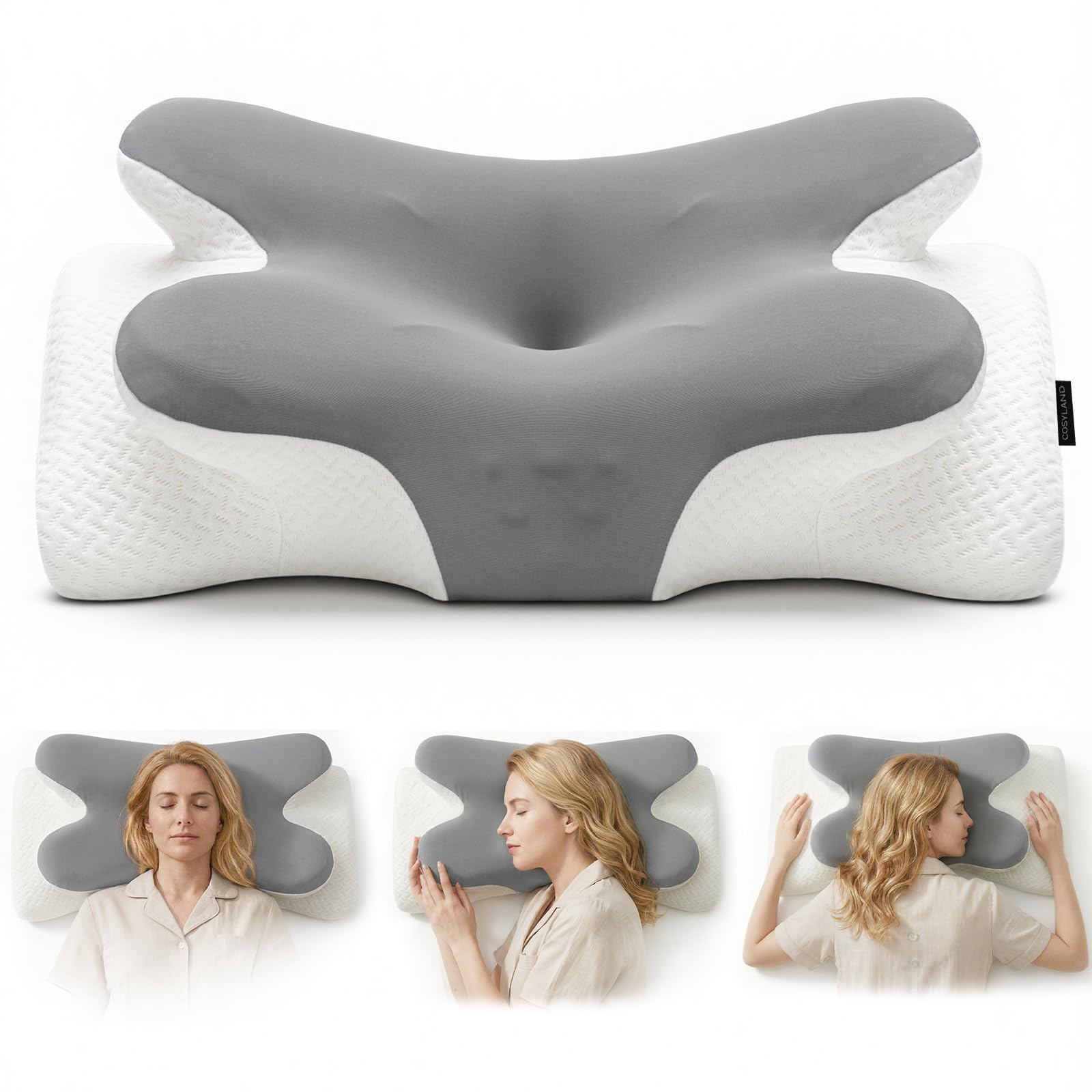 COSYLAND Almohada Cervicales y Cuello - Espuma Viscoelástica, Diseño Mariposa con Soporte Ergonómico y Transpirable, para Dormir de Lado, Boca Arriba y Boca Abajo, 63 x 34 x 11/13 cm, Gris