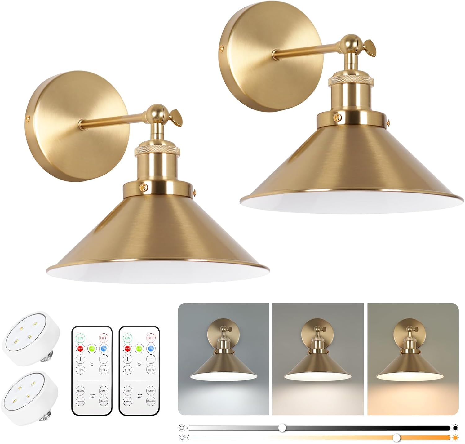 Battery Operated Wall Sconce Set of Two, Brushed Brass Battery Powered Wall Lighting Indoor, Cordless Metal Indoor Wall Lamp, Dimmable with Remote, Suitable for Living Room Bedroom Hallway Gold