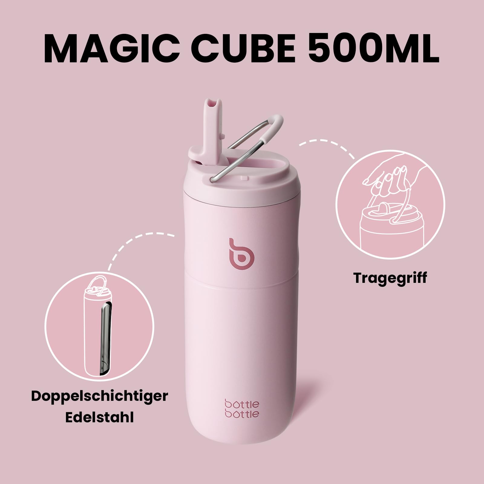 Gourde Isotherme 500ml Avec Paille - Acier Inoxydable, Sans BPA, Design Fleuri, école Bureau