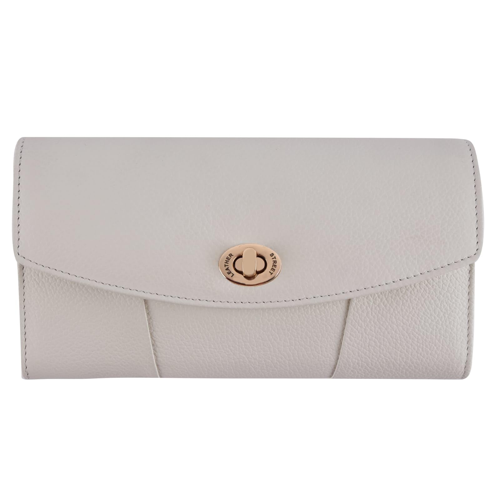 Women's RFID Protected Leather Clutch Wallet | Long Ladies Purse with Multiple Card Slots, Cash Compartments & Secure Lock Closure | (Off White)-image-48