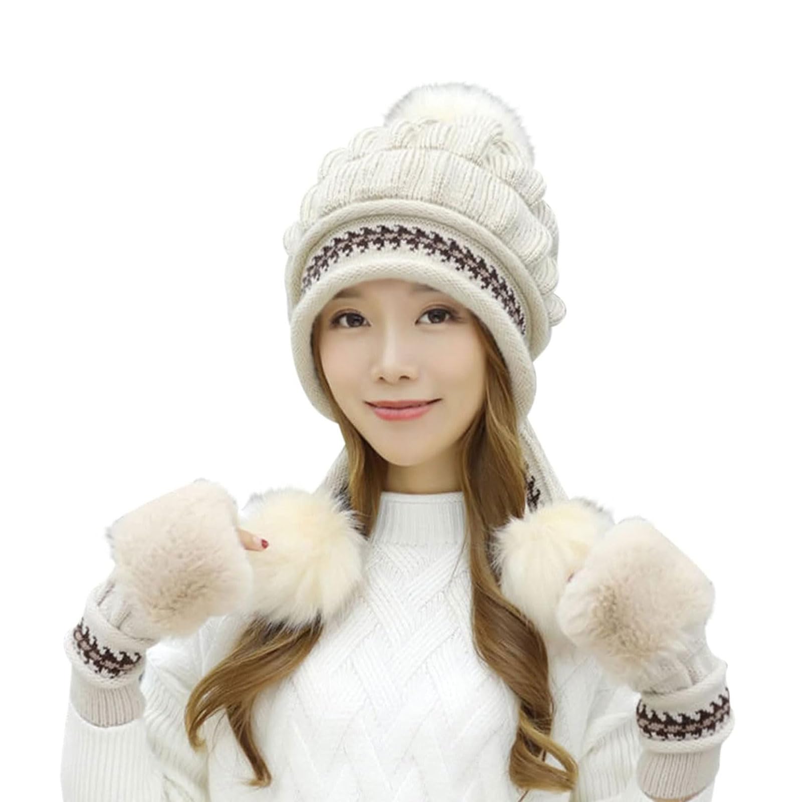Gorro de Invierno para Mujer, Gorro de Punto de Invierno con pompón, Gorro de Punto de Felpa y protección para los oídos cálido y Grueso para otoño e Invierno