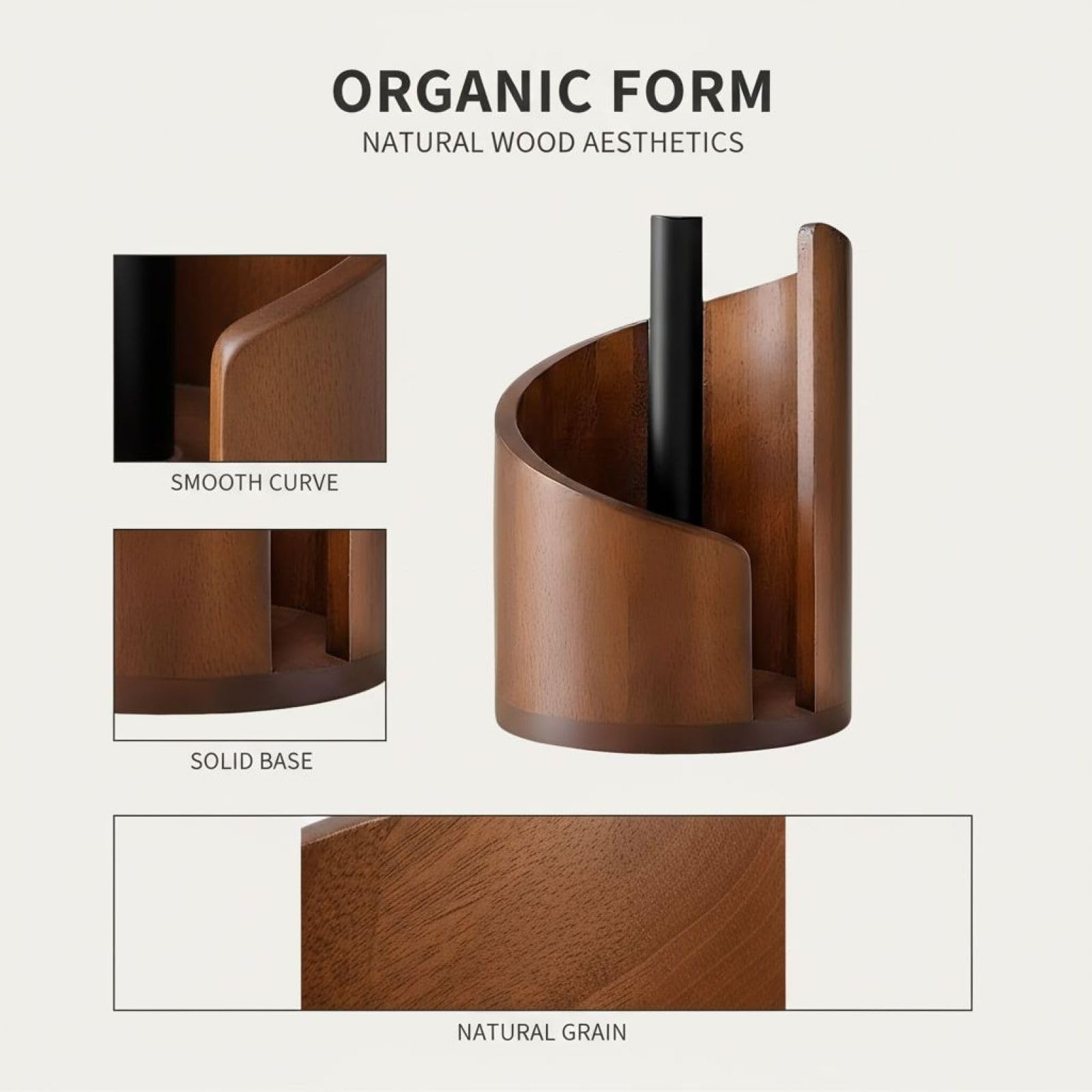 Küchenrollenhalter aus braunem Holz für die Arbeitsplatte, Rollenhalter aus Mangoholz, Bergumriss Design, Vintage Deko Ständer für Küche, Bad und Esstisch, 15 cm hoch, 10 cm Durchmesser