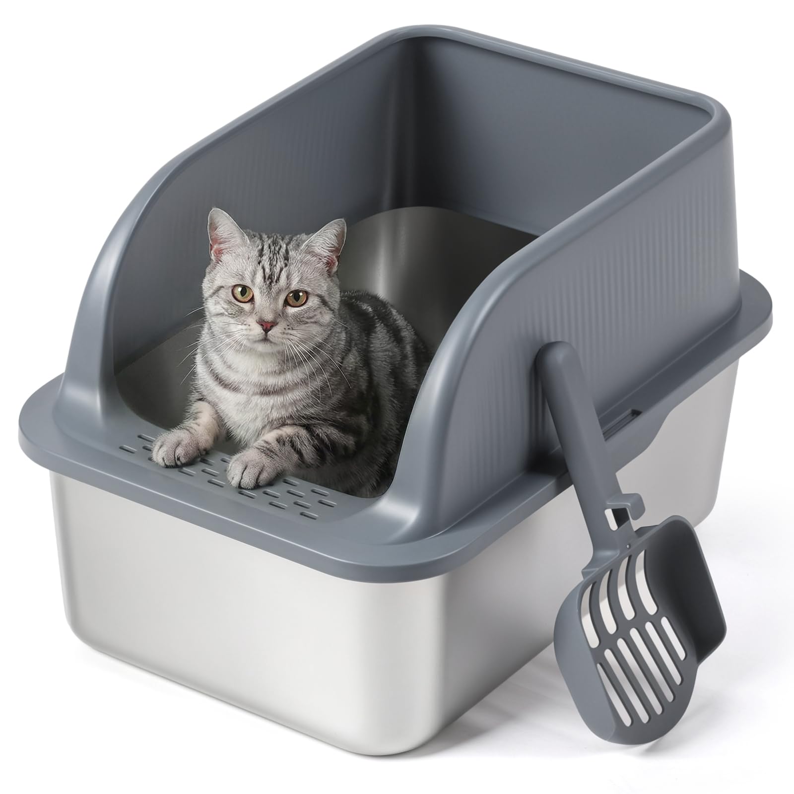 Wagora Stainless Steel Cat Litter Box with High Sided Lid, Metal Kitty Litter Box with Scoop for Small & Medium Cats, Anti-Urine Leakage, Easy to Clean, Non-Sticky, Grey