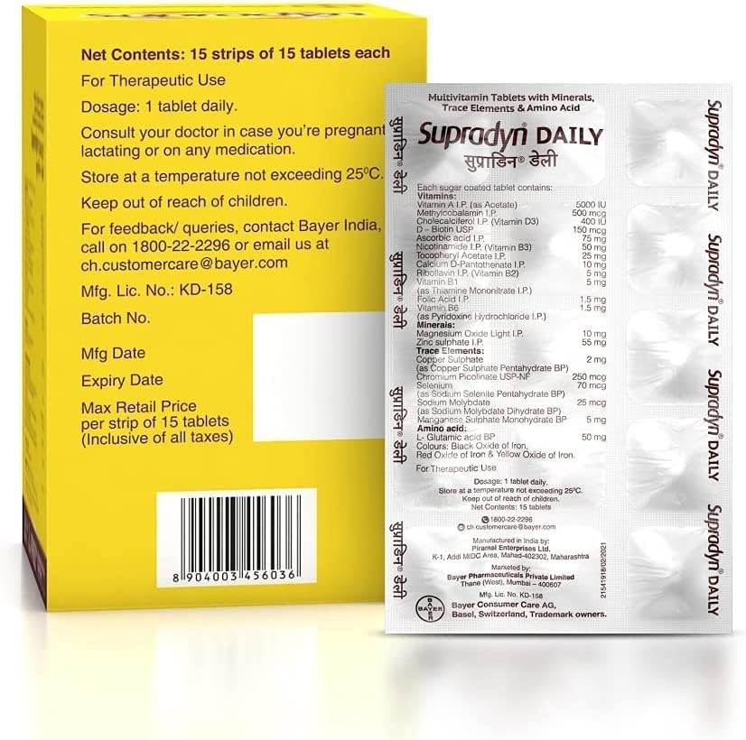 Miniatura 4 de Supradyn - Tabletas multivitamínicas diarias con zinc (15 tiras), marrón, 225 unidades