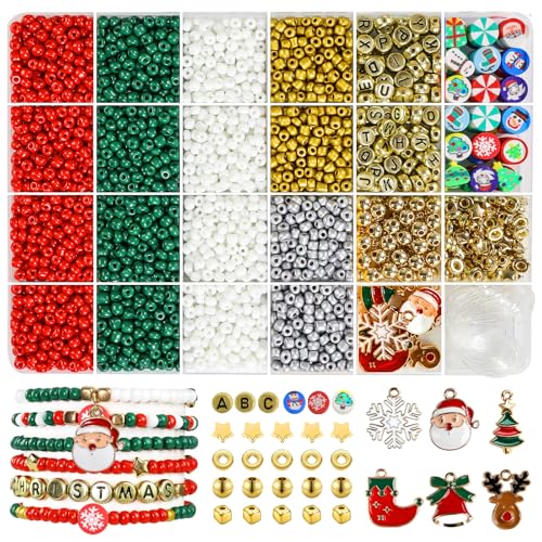 Redtwo Christmas Bracelet Making Kit 2100 Pcs 4mm Glass Seed Beads Friendship Bracelet Kit Holiday DIY Craft with Christmas Charms Gifts for Crafts Lover
