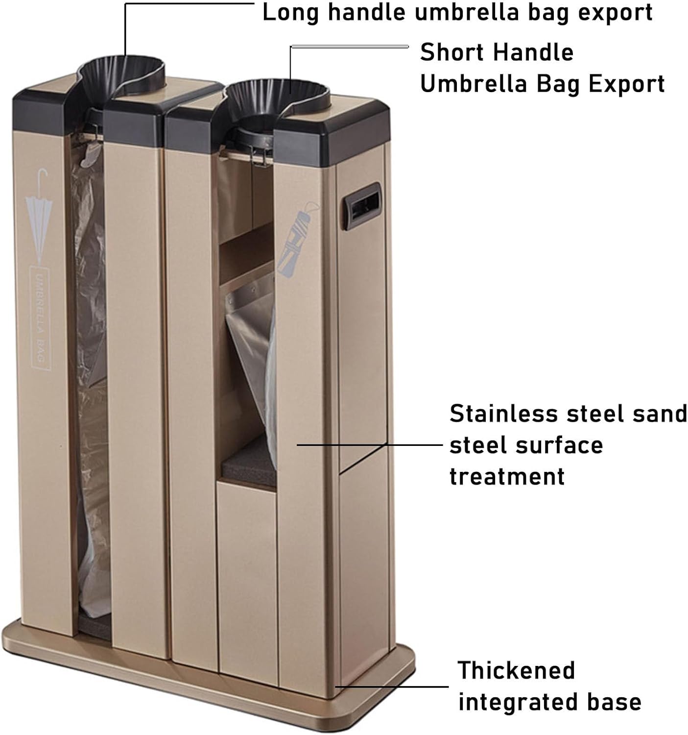Automatic Wet Umbrella Packing Machine with Wheels and Bags Dispenser Stand Stainless Steel Double Slots 100 Short and 100 Long Bags, Commercial Umbrella Bags Dispenser Holder Stand,Gold