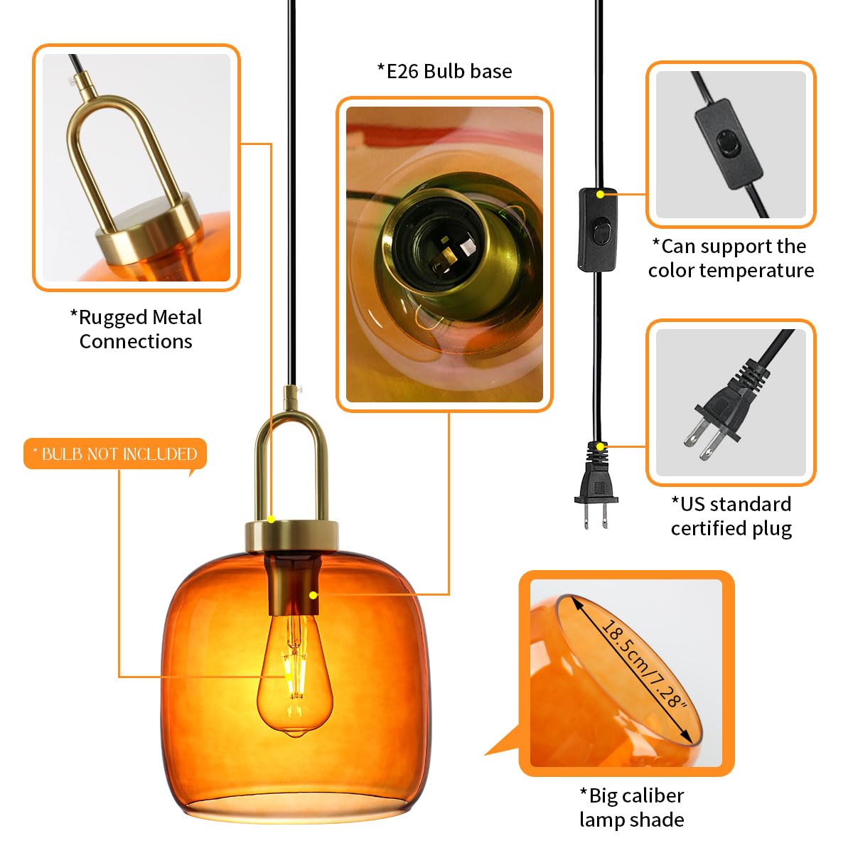 Plug-in Green Glass Pendant Light - 14.75Ft Cord, Brass Finish, Mid Century Modern Hanging Lamp - View #8
