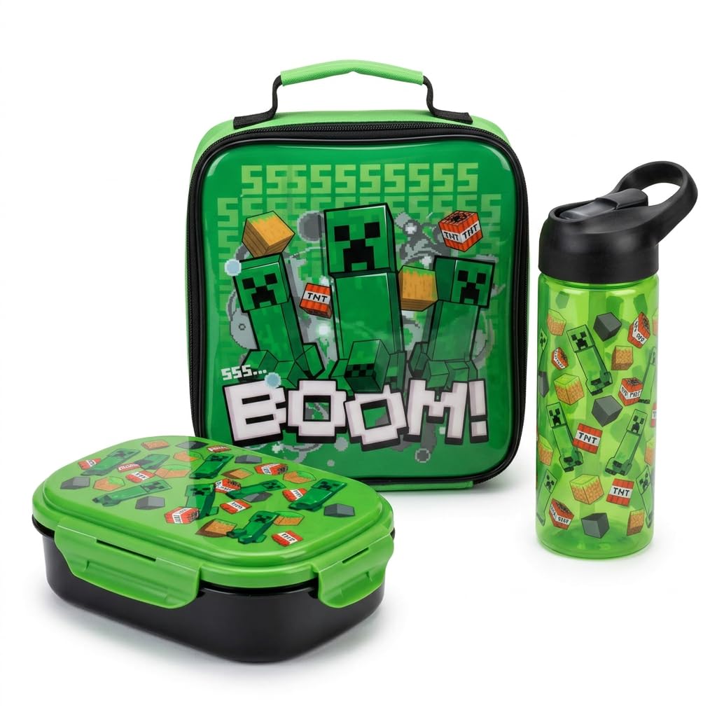 HOX Minecraft Creeper Kids Lunch Set 3 Piece with Bottle