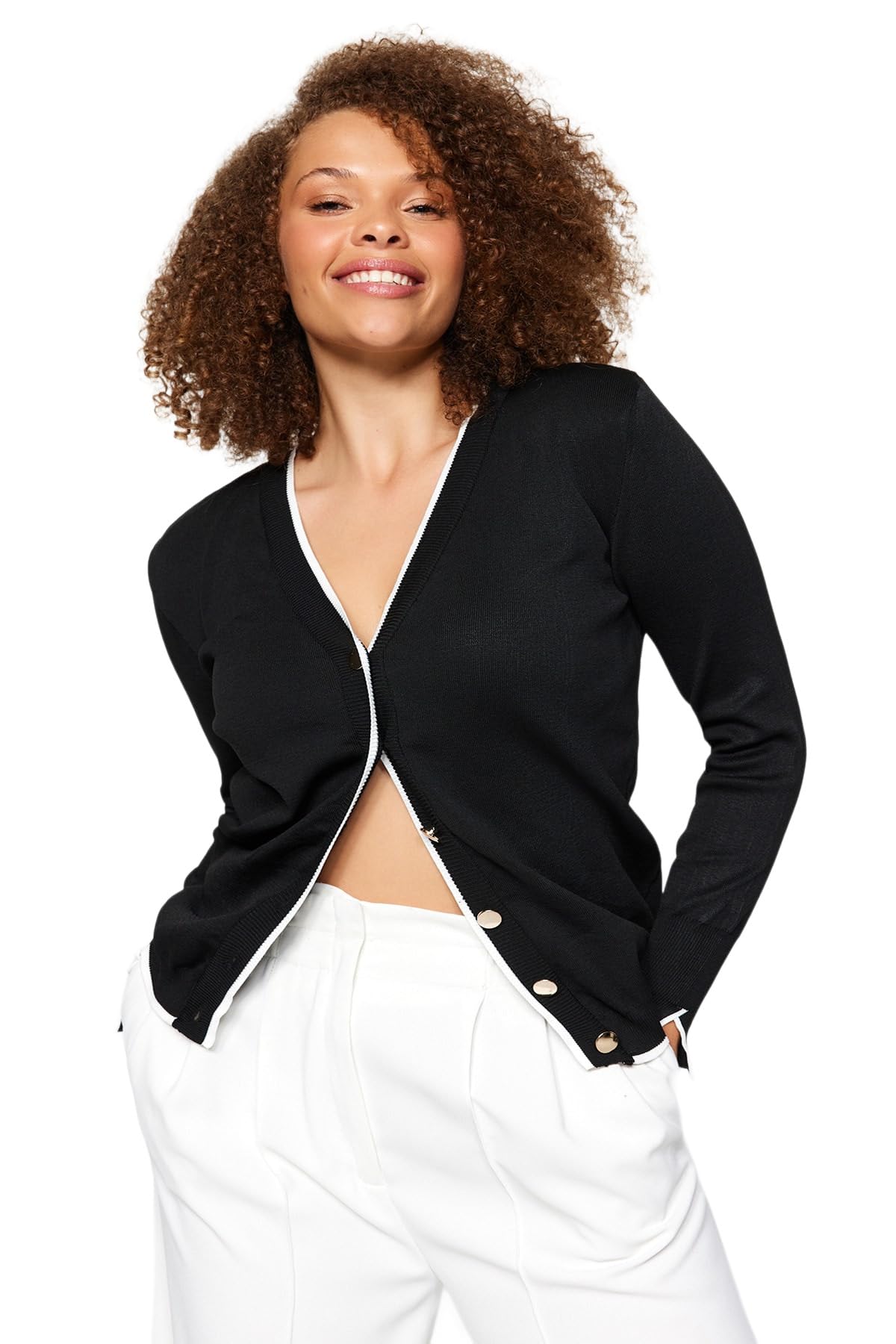 Trendyol Damen Schwarz Gerade Lange Ärmel Regulär Strickjacke In Plus Size Extra