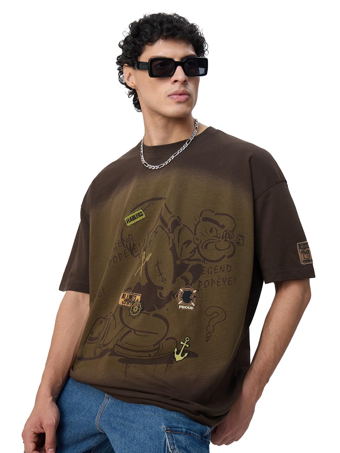 Popeye: Legend Men and Boys Short Sleeves Round Neck Brown Embroidered Streetwear Lightweight Comfortable All-Season Cotton Oversized T-Shirt-image-12