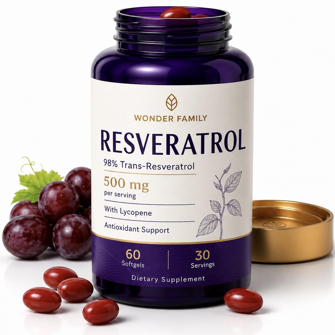 WONDER FAMILY Resveratrol Supplement 500mg, 98% Trans-Resveratrol from Japanese Knotweed, Vegan Antioxidant Capsules for Daily Wellness, Non-GMO, Gluten-Free 60 Count (Pack of 1)