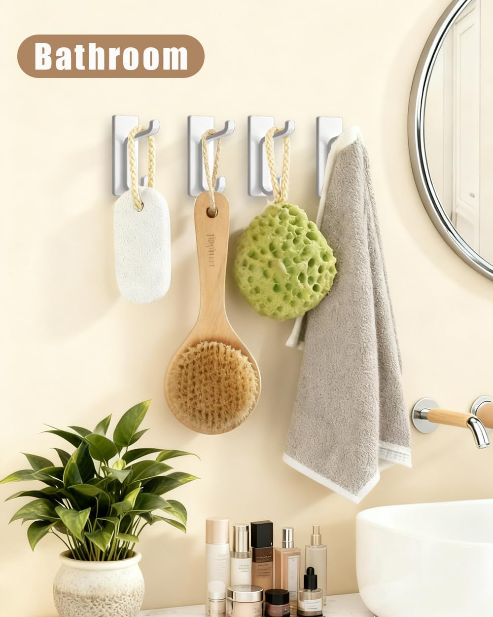 6 Pack Adhesive Wall Hooks - 15lbs Extra Stick On Hooks Heavy Duty Coat Hooks for Walls No Damage - Strong Sticky Hook for Hanging Key Purse Towel in Bathroom Kitchen Door, White