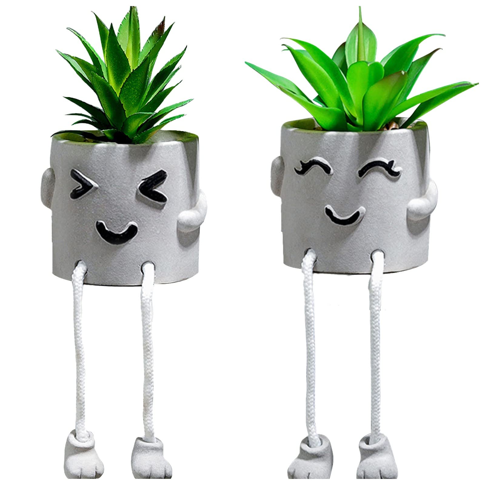 Artificial Potted Plant Fake Succulent Plant Cute Hanging Leg Emotional Cement Potted Succulents Decor for Desk Shelf Bedroom Living Room and Office Decoration(Type E+Type C)